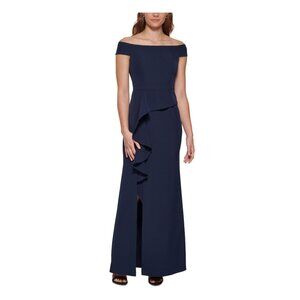 Vince Camuto Off Shoulder Draped Front Navy Gown